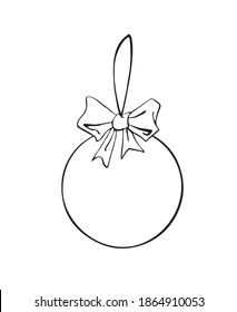 Vector hand drawn contour and shape of Christmas tree ball with bow for coloring at Xmas and New year holidays. Template for kids creativity