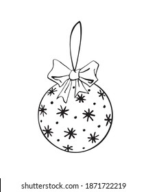 Vector hand drawn contour and shape of Christmas tree ball with bow and snowflakes. Decoration for Xmas and New year holidays. Template for kids creativity