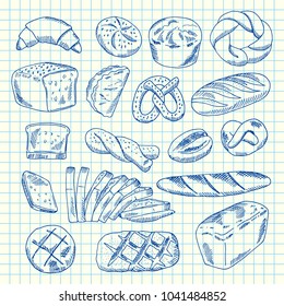 Vector hand drawn contoured bakery elements on paper sheet illustration