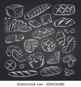 Vector hand drawn contoured bakery elements on black chalkboard. Bakery chalkboard sketch, doodle chalk drawing illustration