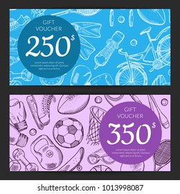 Vector hand drawn contoured sports equipment gift card or voucher templates illustration