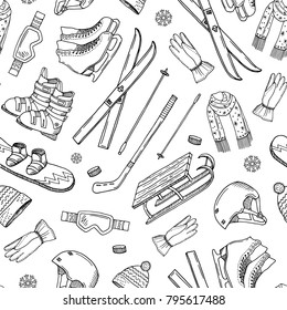 Vector Hand Drawn Contoured Winter Sports Equipment And Attributes Pattern Or Background Illustration