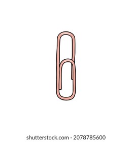 Clip de papel de cobre dibujado a mano por vectores, papel aislado en fondo blanco. Ilustración del signo de adjunto. Herramienta para oficina.