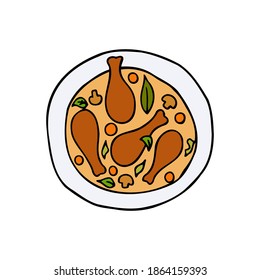 Vector hand drawn coq au vin on plate top view. French cuisine dish. Design sketch element for menu cafe, bistro, restaurant, label and packaging. Colorful illustration on a white background.