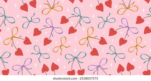 Vector hand drawn coquette seamless pattern with cherry hearts and colorful bows. Cute girly background. Modern trendy print  for wrapping paper, holiday decor, packaging, fabric, textile.