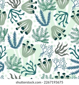 Vector hand drawn coral seamless pattern. Underwater seaweeds. Wrapping paper, print, textile, fabric. Wildlife. Nature. Sea, ocean, lake background.