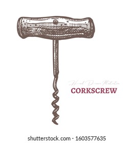 Vector hand drawn corkscrew. Retro vintage equipment for wine bottle. Sketch etching engraved illustration