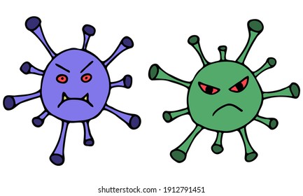Vector hand drawn coronaviruses. Green and blue covid on white background.