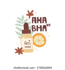 Vector hand drawn cosmetic packaging, glass bottle with a pipette, serum. Orange and tropical leaves. Handwritten lettering aha vs bha. Skin Care, Acids, Peeling, Active Ingredients. Banner design