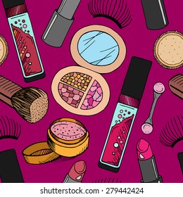 Vector Hand Drawn Cosmetic Seamless Pattern. Background with lip gloss, powder, lipstick, lip balm.