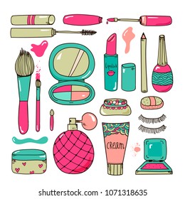 Vector hand drawn cosmetics, make up tools illustration. Colorful, cartoon style, isolated