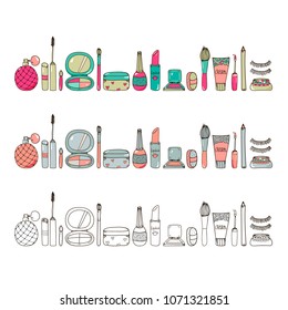 Vector hand drawn cosmetics, make up tools illustration. horizontal illustration, use for banner, website, background