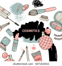 Vector hand drawn cosmetics, make up tools illustration. Banner, poster, card