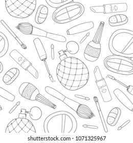 Vector hand drawn cosmetics, make up tools illustration.  Outline seamless pattern