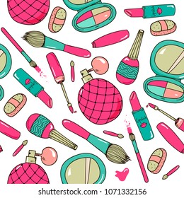 Vector hand drawn cosmetics, make up tools illustration. Seamless pattern