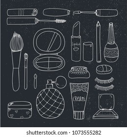 Vector hand drawn cosmetics, make up tools illustration.  Blcak and white, outline