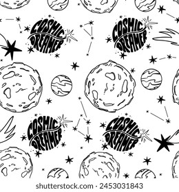 Vector hand drawn cosmic dreamer seamless pattern   with lettering, stars, planets and constellations