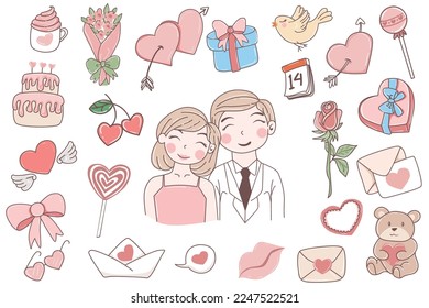 Vector hand drawn couple elements for valentine, Valentine's Day element all isolated, love, gift box, rose, Labels, ribbon, speech bubble, heart, arrow, wings, flowers set