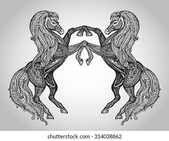 Vector hand drawn couple of horses in graphic ornamental style.