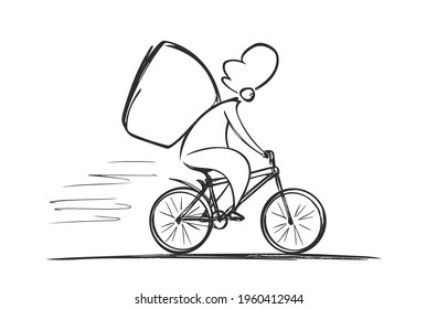 Vector hand drawn Courier on bicycle. Food delivery
