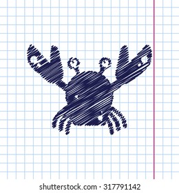 Vector hand drawn crab icon on copybook 