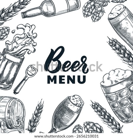 Vector hand drawn craft beer frame. Design elements for brewing, pub menu, Oktoberfest packaging, bar decor, poster, banner or label. Mugs, bottle, drinks sketch on white background
