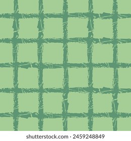 Vector hand drawn crayon checkered pattern. cottagecore Doodle Plaid geometrical green brush texture. Crossing lines. Abstract cute delicate pattern.