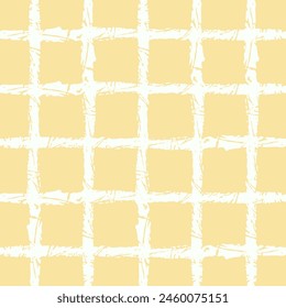 Vector hand drawn crayon checkered pattern. cottagecore Doodle Plaid geometrical yellow white brush texture. Crossing lines. Abstract cute delicate pattern.