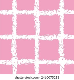 Vector hand drawn crayon checkered pattern. Grunge Doodle Plaid geometrical pink white brush texture. pencil Crossing lines. Abstract pattern