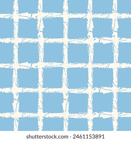 Vector hand drawn crayon checkered pattern. cottagecore Doodle Plaid geometrical blue white brush texture. Crossing lines. Abstract cute delicate pattern