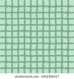 Vector hand drawn crayon checkered pattern. Grunge Doodle Plaid geometrical green white brush texture. pencil Crossing lines. Abstract pattern