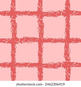 Vector hand drawn crayon checkered pattern. Grunge Doodle Plaid geometrical red pink white brush texture. pencil Crossing lines. Abstract pattern