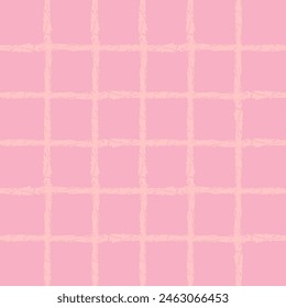 Vector hand drawn crayon checkered pattern. Grunge Doodle Plaid geometrical pink beige white brush texture. pencil Crossing lines. Abstract pattern