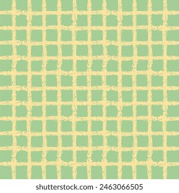 Vector hand drawn crayon checkered pattern. Grunge Doodle Plaid geometrical green yellow beige white brush texture. pencil Crossing lines. Abstract pattern