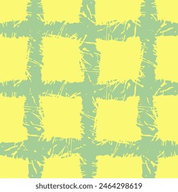 Vector hand drawn crayon checkered pattern. Grunge Doodle Plaid geometrical yellow green white brush texture. pencil Crossing lines. Abstract pattern