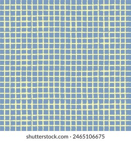 Vector hand drawn crayon checkered pattern. Grunge Doodle Plaid geometrical blue yellow white brush texture. pencil Crossing lines. Abstract pattern