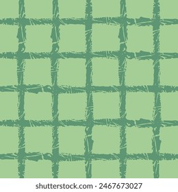 Vector hand drawn crayon checkered pattern. cottagecore Doodle Plaid geometrical green brush texture. Crossing lines. Abstract cute delicate pattern.