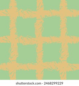 Vector hand drawn crayon checkered pattern. Grunge Doodle Plaid geometrical green beige white brush texture. pencil Crossing lines. Abstract pattern