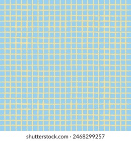 Vector hand drawn crayon checkered pattern. Grunge Doodle Plaid geometrical blue yellow white brush texture. pencil Crossing lines. Abstract pattern