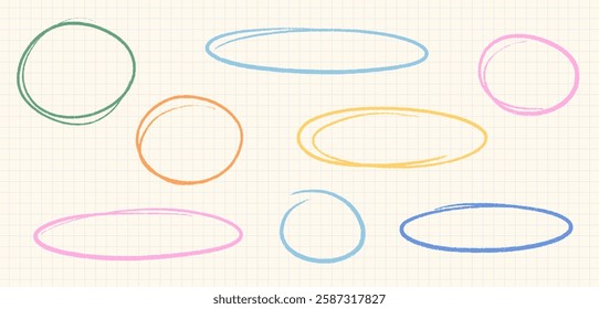 Vector Hand Drawn Crayon Oval Round Shape Set. Line Stroke Chalk Emphasis Circular Frames.