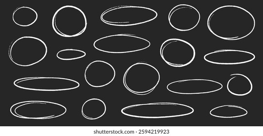 Vector Hand Drawn Crayon Oval Round Shape Set. Line Stroke Chalk Emphasis Circular Frames.
