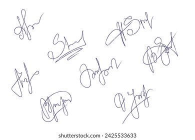 Vector Dibujado a mano lápiz de crayón Fake autograph samples set. Firmas ficticias