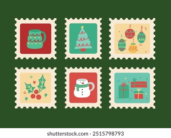 Vetor mão desenhada lápis de cera estilo carimbos de natal. editável vetor carimbos de natal. bonitos carimbos de natal. correio de natal. envelope carta.