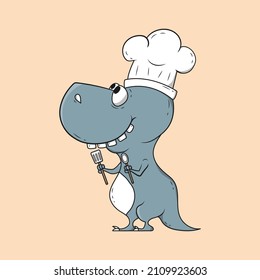 Vector hand drawn create design, Cartoon dinosaur chef holding ladle.