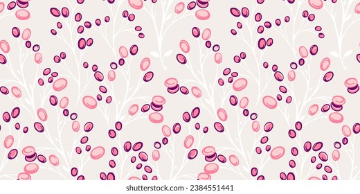 Vector hand drawn creative berries  branches with drops, dots, spots  intertwined in a seamless pattern. The trendy gently stylized floral on a white background. Template for design, textile