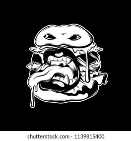 Vector hand drawn creative illustration of angry hamburger with mouth and tongue . Surreal tattoo artwork. Template for card, poster. banner, print for t-shirt, pin, badge, patch.