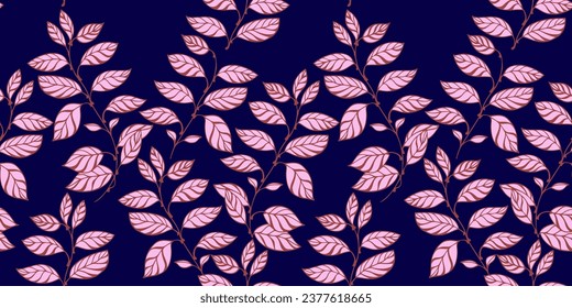 Vector hand drawn creative simple leaves stem seamless pattern. Artistic stylized branches leaf dark print. Template for design, textile, fashion, fabric, interior decor, wallpaper