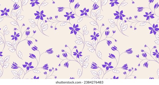 Vector hand drawn creative simple floral branches seamless pattern.  Stylized violet tiny bell flowers stem on a light back. Template for design, fabric, fashion, surface design