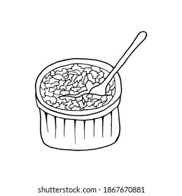 Vector hand drawn creme brulee. French cuisine dessert. Design sketch element for menu cafe, bistro, restaurant, bakery, label and packaging. Illustration on a white background.