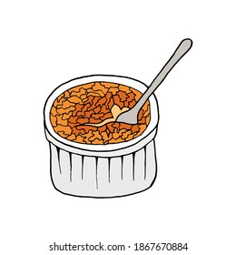 Vector hand drawn creme brulee. French cuisine dessert. Design sketch element for menu cafe, bistro, restaurant, bakery, label and packaging. Colorful illustration on a white background.